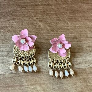 Pink Floral Gold Dangle Earrings - Women Jewelry